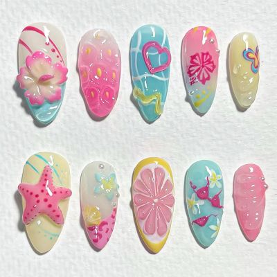 BQZQPAMZ 24pcs Flower Press on Nails Almond Shape Starfish Medium Fake Nails Marine Life Press on Nails Summer Ocean Beach Full Cover Acrylic Nails for Women Nail Art Supplies
