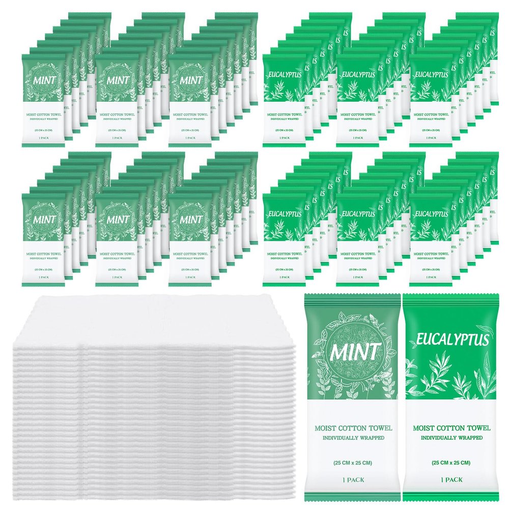 Moist Towelettes, Disposable Pre Moistened Towels Individually Wrapped, Soft Portable Face & Body Wet Towels for Travel Hotel Sport Camping Spa 9.8 x 9.8 inch, Mint & Eucalyptus Leaf (100 Pack)