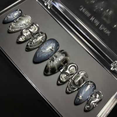 BQZQPAMZ 24pcs Black Almond Fake Nails Dark Press on Nails Medium Almond Silver Line Design Stick on Nails Full Cover Acrylic Nails for Women Summer Manicure Decoration