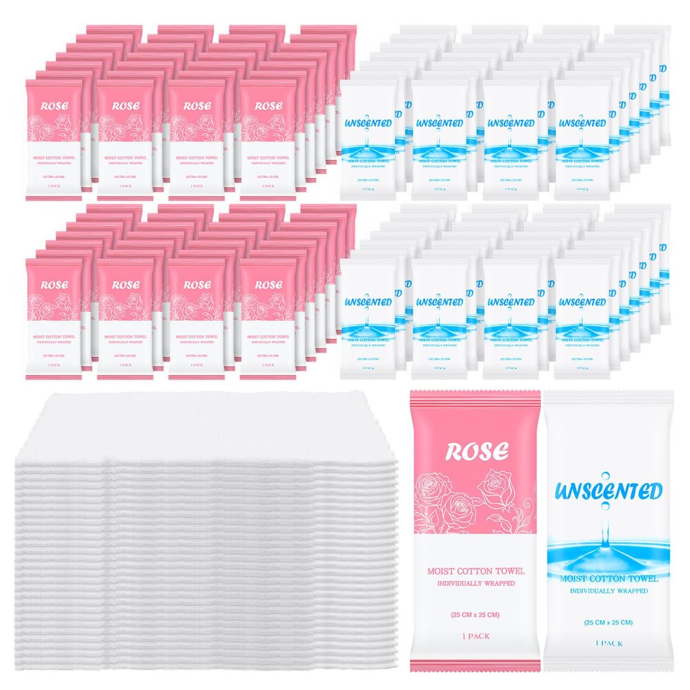 Moist Towelettes, Disposable Pre Moistened Towels Individually Wrapped, Soft Portable Face & Body Wet Towels for Travel Hotel Sport Camping Spa 9.8 x 9.8 inch, Rose & Fresh (200 Pack)