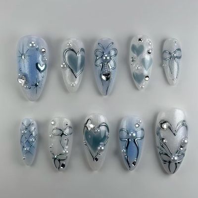 BQZQPAMZ 24pcs Blue Press on Nails Short Almond Shape With 3d Pearls Silver Bow False Nails Summer Reusable Acrylic Nails for Women DIY Spring Heart-Shaped Bow Line Nail Art Supplies