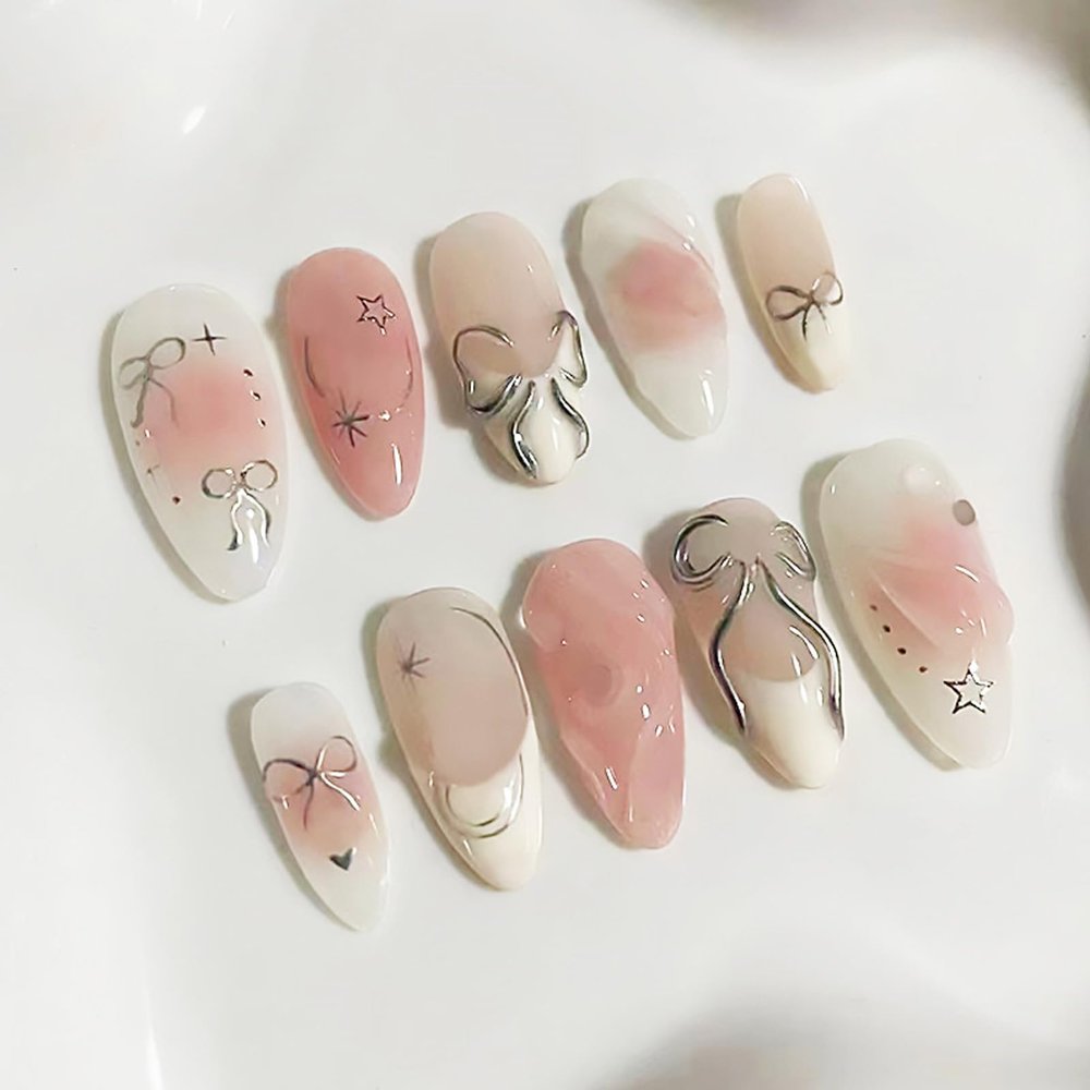 BQZQPAMZ Bowknot Press on Nails Almond White French Tip Press on Nails Medium Length Pink Fake Nails Full Cover Acrylic Nails for Women DIY Summer Manicure Decoration Supplies