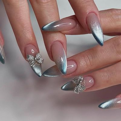 BQZQOAMZ 24pcs 3D Silver Bow Medium Fake Nails Blue French Tip Press On Nails Glitter False Nails Full Cover Acrylic Artificial Fingernails for Women Summer Manicure Supplies