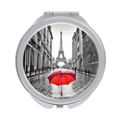 NVBSKKDH Travel Makeup Mirror - 1X/2X Magnifying, Compact Folding Metal Vanity Mirror with Cover, Double-Sided Eiffel Tower Paris Red Umbrella Pocket Mirrors for Women/Men, Purse Gift