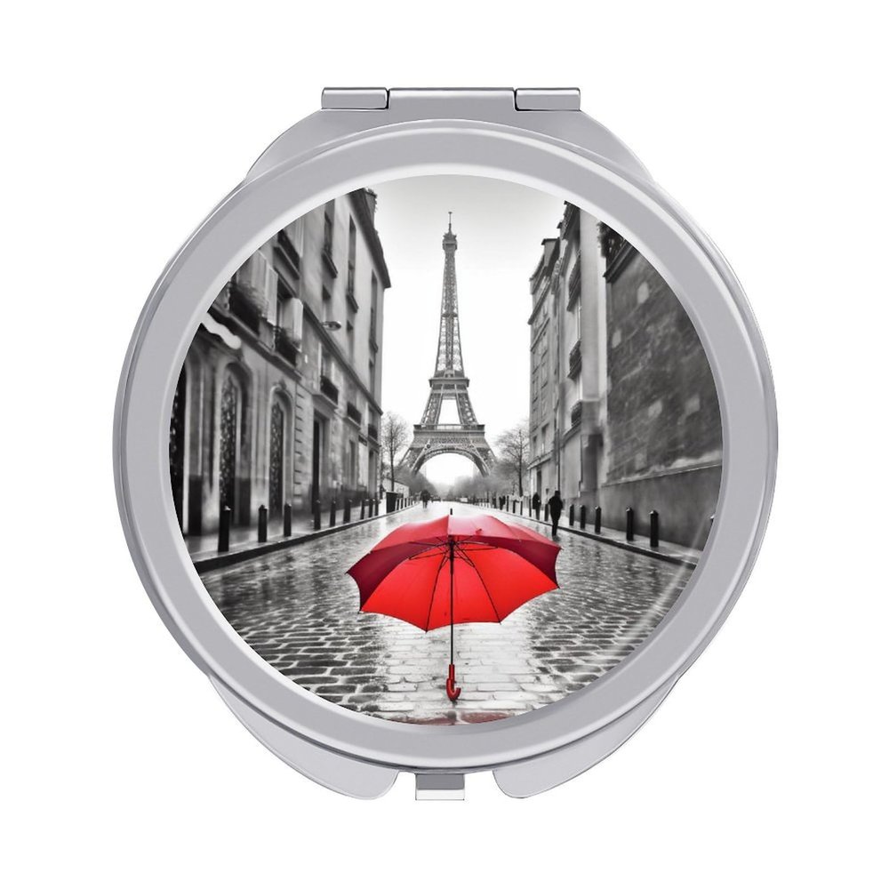 NVBSKKDH Travel Makeup Mirror - 1X/2X Magnifying, Compact Folding Metal Vanity Mirror with Cover, Double-Sided Eiffel Tower Paris Red Umbrella Pocket Mirrors for Women/Men, Purse Gift