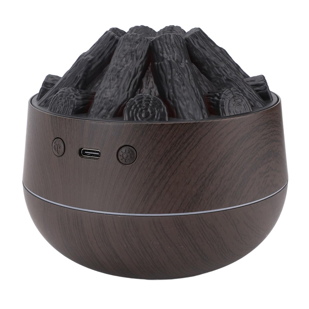 USB Humidifier for Desk & Bedroom 300mL Quiet Portable Mist Maker with Woodgrain Finish & Simulated Fireplace