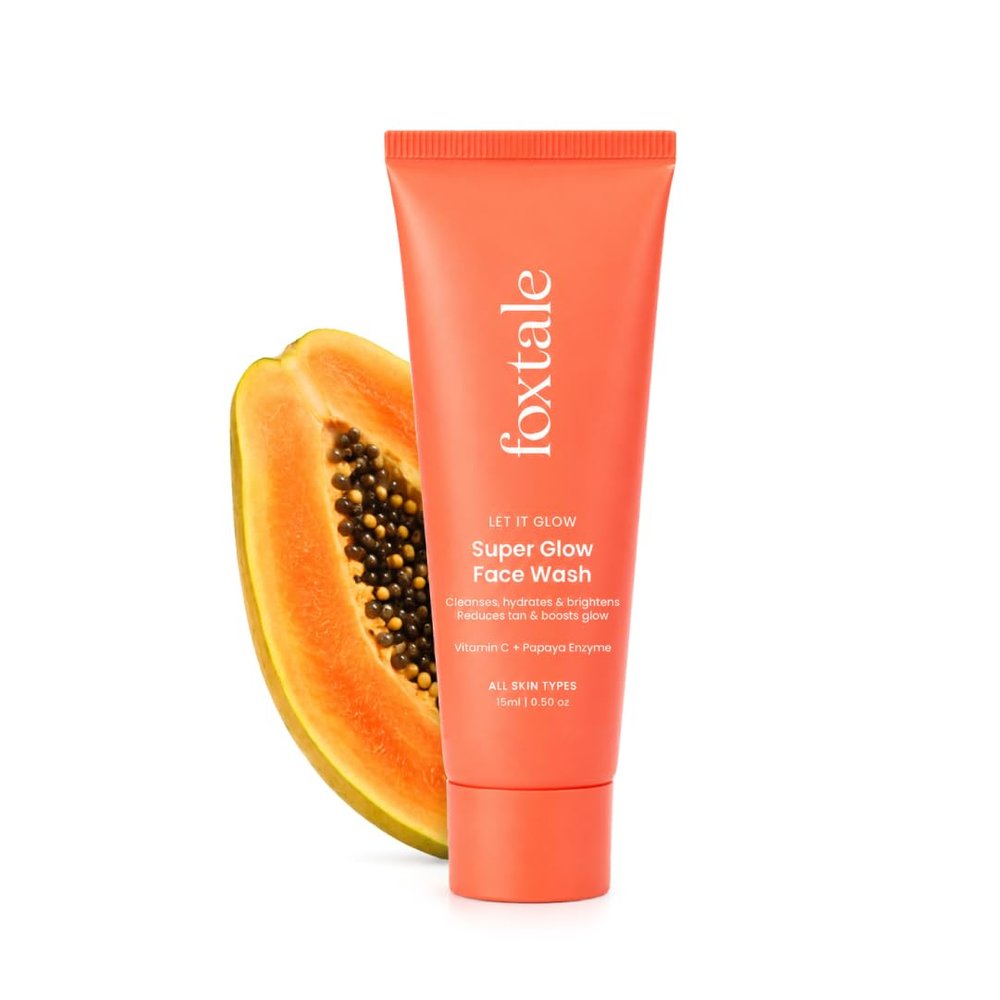 FoxTale Vitamin C Super Glow Face Wash with Papaya enzyme | Reduces Tan | Boosts Glow | Gently Exfoliates & Brightens Skin | Reduces Pigmentation | Face Wash for Men & Women (15ml)