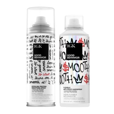 IGK Good Behavior Hair Styling Bundle  Spirulina Protein Smoothing Spray (5.6 oz) + Flexible Anti-Frizz Hairspray (5 oz)  72-Hour Frizz Control, 450F Heat Protection, Sleek Finish & Shine