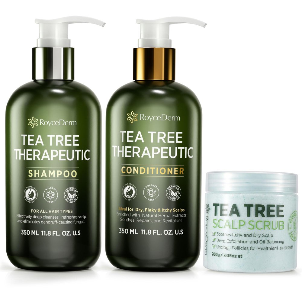 Roycederm Tea Tree Antifungal Scalp Care Set Pre-Shampoo Scrub + Tea Tree Antifungal Shampoo + Hydrating Conditioner Itchy & Dry Scalp Relief, Dandruff & Folliculitis Treatment