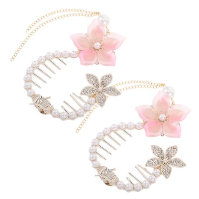 MERRYHAPY 2pcs Pearl Flower Bun Clips with Long Tassels Vintage Metal Hair Claw Accessories for Women Dual Functionality for Ponytail Bun Styles Elegant Cherry Blossom Design