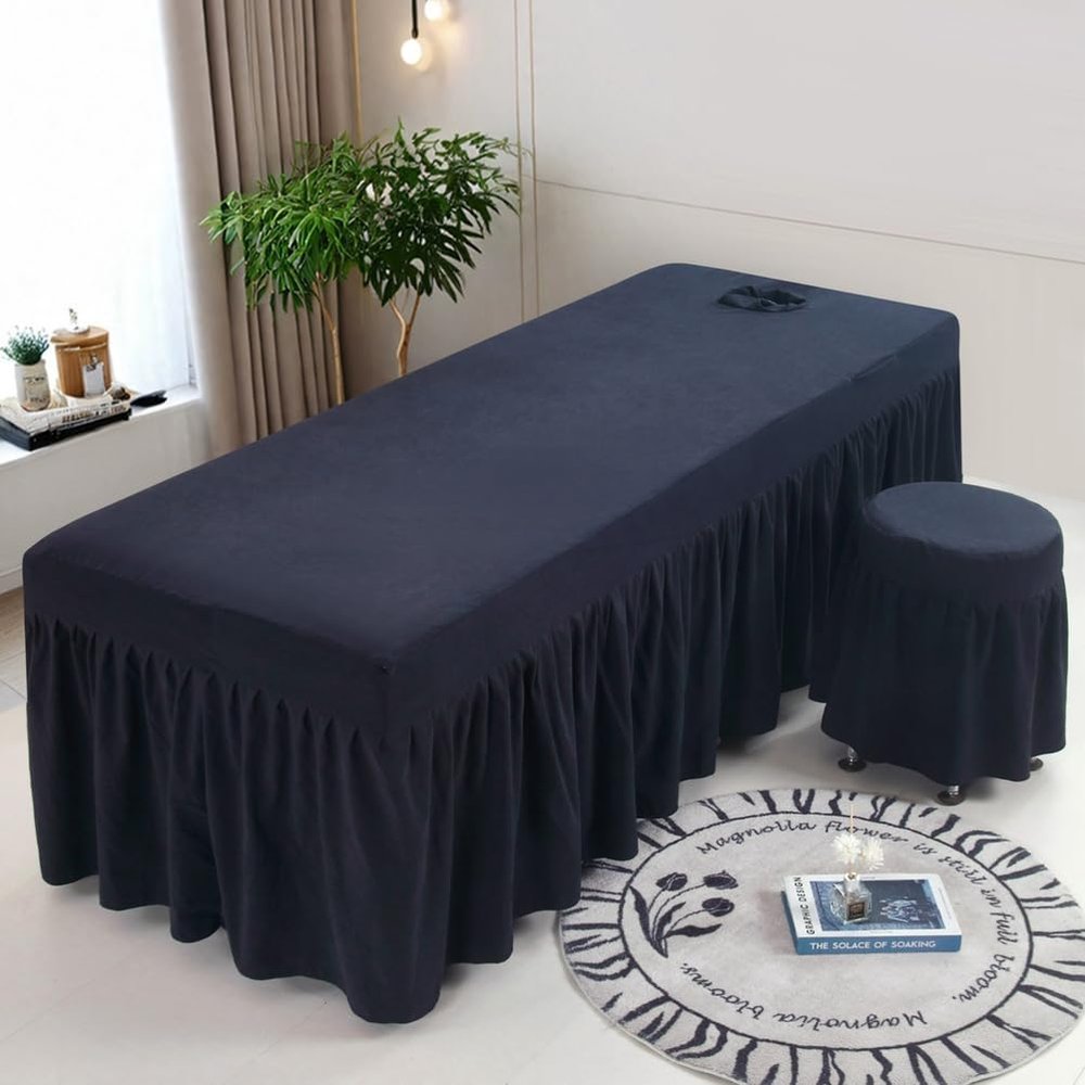 Black,60x180cm(R),LDLCYCN Massage Table Bed Cover with Skirt Lash Bed Skirt with Face Hole Massage Table Fitted Sheet with Elastic Band Spa Bed Cover Square Round Head Machine Washable