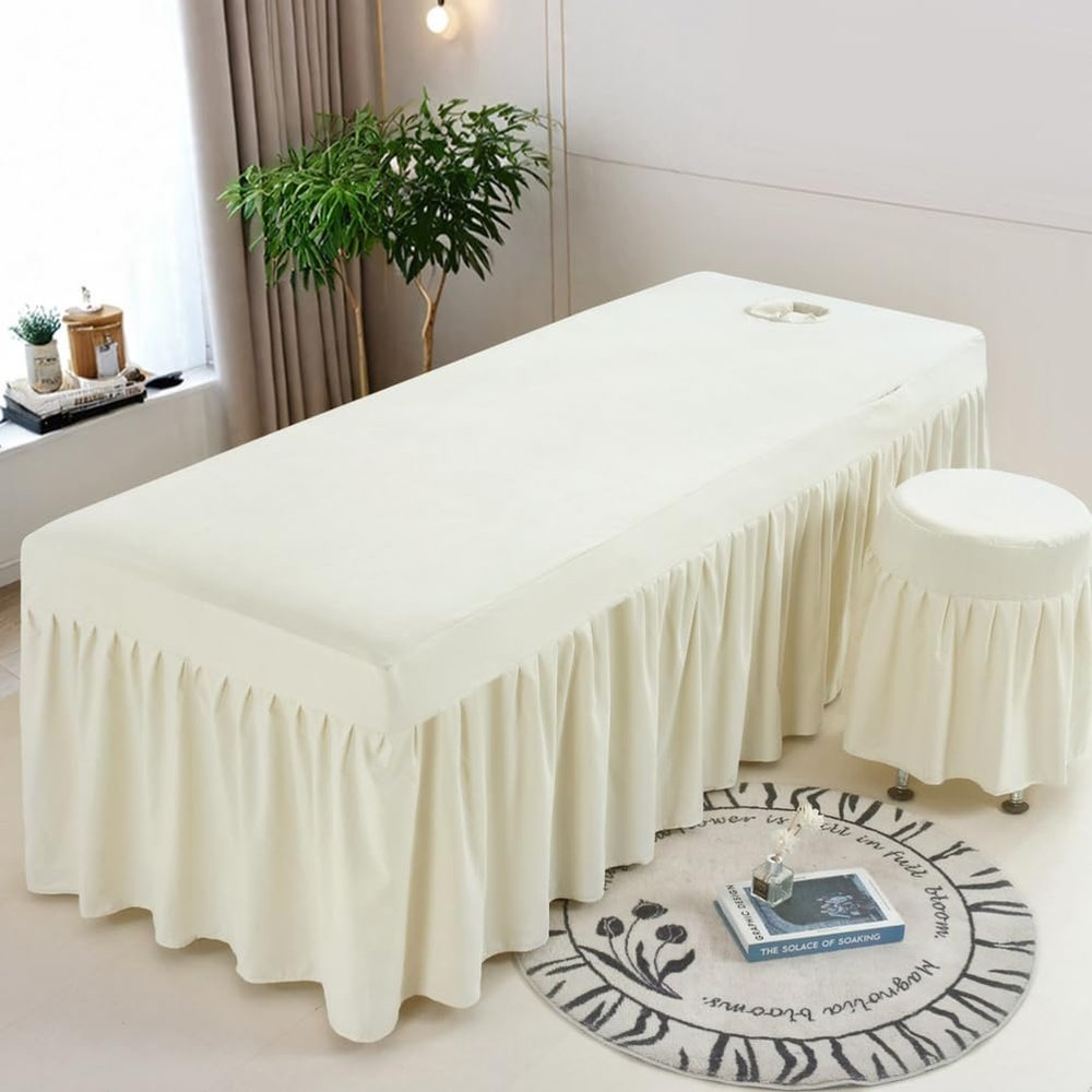 Beige,60x180cm(R),LDLCYCN Massage Table Bed Cover with Skirt Lash Bed Skirt with Face Hole Massage Table Fitted Sheet with Elastic Band Spa Bed Cover Square Round Head Machine Washable