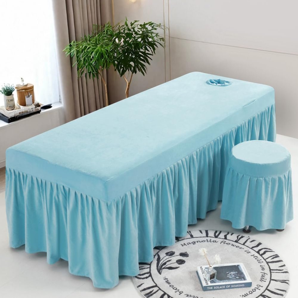 Blue,60x180cm(R),LDLCYCN Massage Table Bed Cover with Skirt Lash Bed Skirt with Face Hole Massage Table Fitted Sheet with Elastic Band Spa Bed Cover Square Round Head Machine Washable