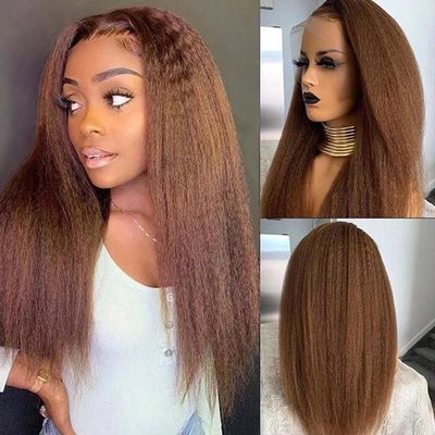 13x6 Chocolate Brown Kinky Straight Human Hair Wig for Women 180% Density HD Transparent Lace Front Wigs Pre Plucked with BabyHair Natural Hairline Yaki Straight Virgin Human Hair Frontal Wigs 32inch.
