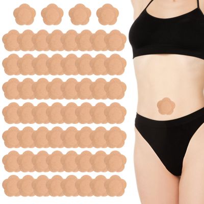 lasuroa 60 Pcs Plum Blossom Castor Oil Pack Wrap for Belly Button, Self-Adhesive Disposable Spunlace Cloth Castor Oil Belly Button Patch with Cotton, Oils Not Included (Skin Color)