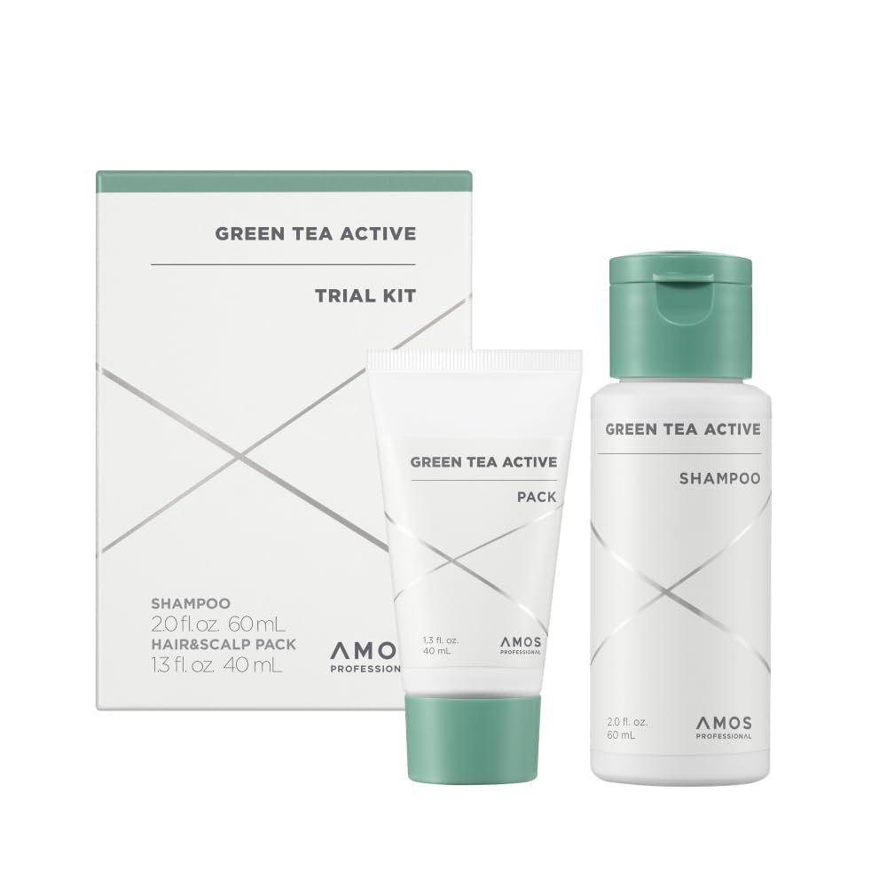 AMOS PROFESSIONAL Green Tea Active Shampoo 2.0 fl.oz + Hair & Scalp Pack 1.3 fl.oz Mini Kit l Anti-Aging for Fine, Thinning Hair | Protects Scalp & Volumizing Hair