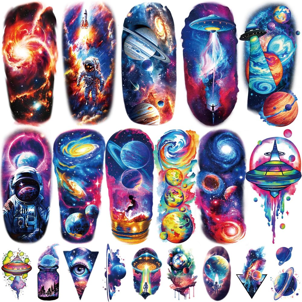 77 Sheets Temporary Tattoos, 17 Sheets Space Planet Astronaut Rockets Half Arm Fake Tattoo for Adults Men Women, 60 Small Waterproof Lasting Stickers Tattoo for Boys Girls Kids Party