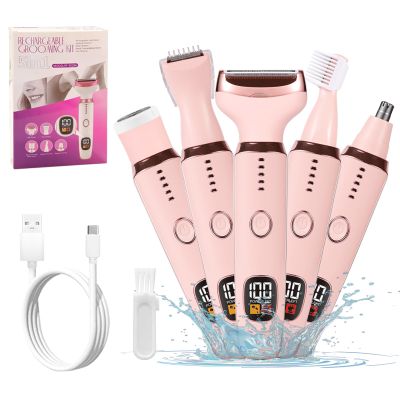 Electric Razors for Women, 5 in 1 Painless Ladies Wet & Dry Body Razors and Facial Hair Remover, Rechargeable Facial and Body Hair Remover for Face Nose Eyebrow Arms Armpit Legs Pubic Area (Pink)