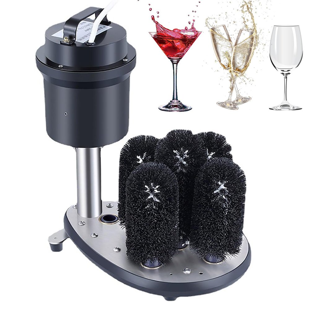 QUGURLID Electric Commercial Glass Washer,230 W Stainless Steel 5-Brush Wine Washer Machine 1200 Cups/H,360 Cleaning,Anti-Leakage