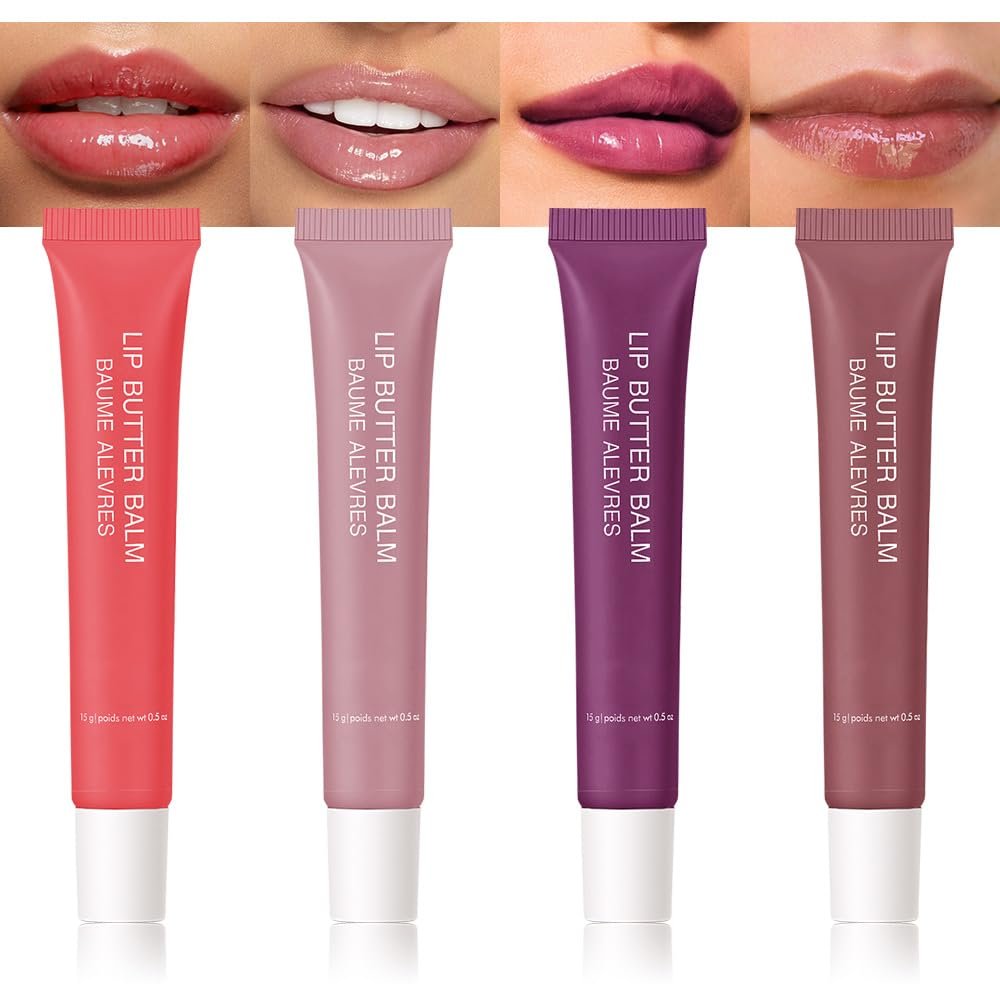 4 PCS Butter Lip Balm  Ultra-Hydrating Lip Care with Shea Butter & Olive Oil, Soothes Dry Lips with Natural Tint & Gloss Effect, Lip Plumper Moisture & Light Lip Stain Finish Set 02