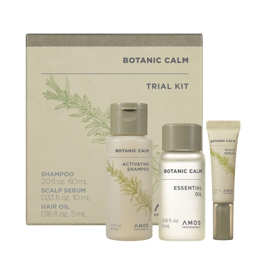 AMOS PROFESSIONAL Botanic Calm Activating Shampoo 2.0 fl.oz + Scalp Serum 0.33 fl.oz + Essential Oil 0.16 fl.oz Mini Kit l Vegan Scalp & Hair Strengthening with Rosemary and Biotin, Sulfate Free