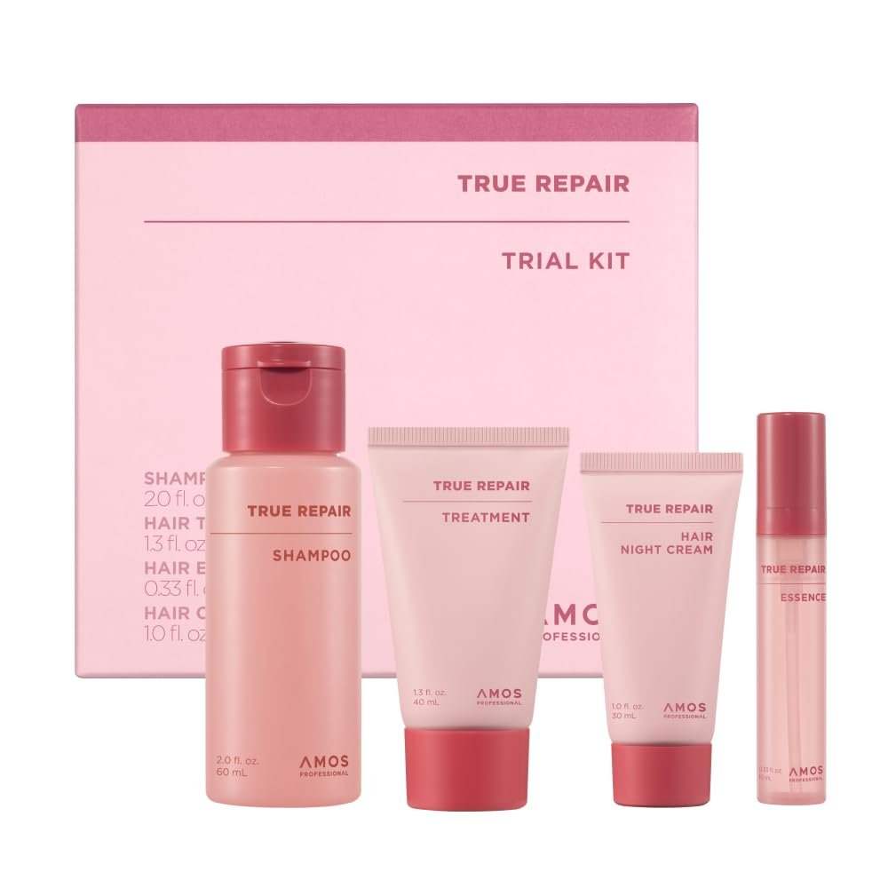 AMOS PROFESSIONAL True Repair Shampoo 2.0 fl.oz, Hair Mask 1.3 fl.oz, Hair Oil 0.33 fl.oz, Hair Night Cream 1.0 fl.oz Mini Kit l Anti-Frizz & Smoothing with Ceramide, For Dry & Damaged Hair