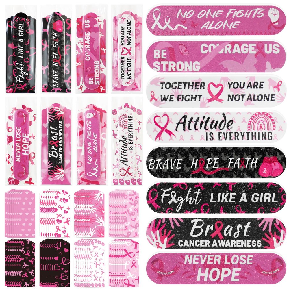 200 Pack Breast Cancer Awareness Accessories Bulk Nail Files Items, Pink Ribbon Emery Board Gifts for Breast Cancer Survivor Women Party Favors Giveaways