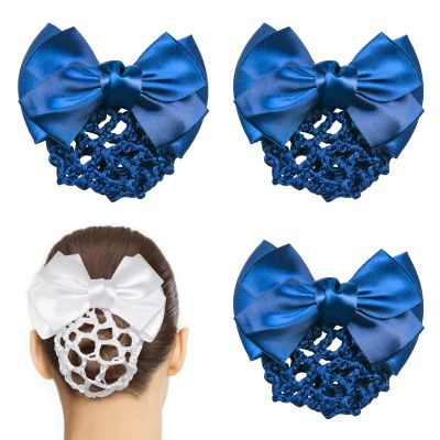 Blue Mesh Hair Bun Cover, 4 Pcs Hair Clip Satin Bow with Snood Net for Women, Working Styling Accessories