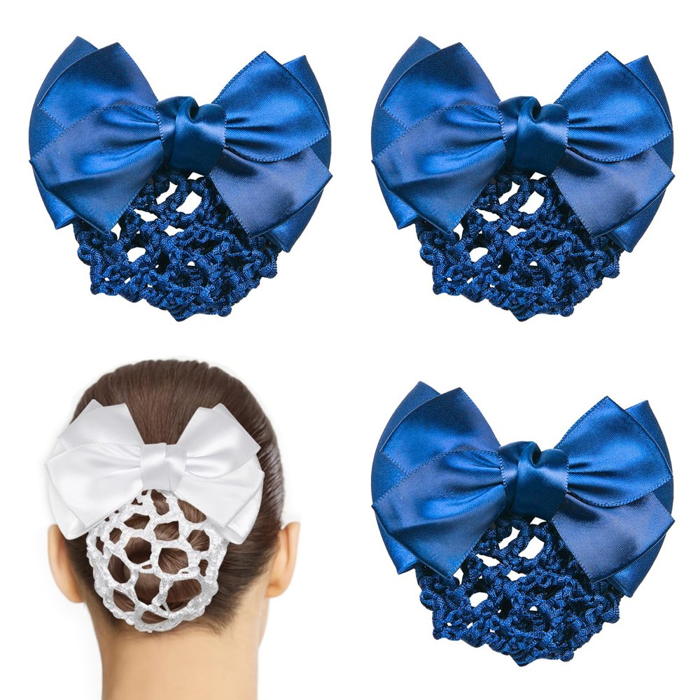 Blue Mesh Hair Bun Cover, 4 Pcs Hair Clip Satin Bow with Snood Net for Women, Working Styling Accessories