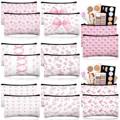 16 Pcs Bow Makeup Bags Bulk for Women Pink Coquette Aesthetic Preppy Cosmetic Bags Bow Floral Canvas Toiletry Bags Aesthetic Travel Zipper Pouches for Bridesmaids Wedding Party Favors Supplies