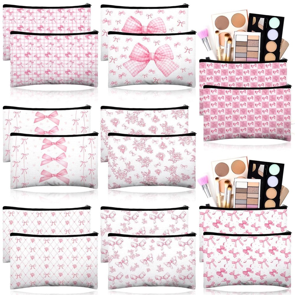 16 Pcs Bow Makeup Bags Bulk for Women Pink Coquette Aesthetic Preppy Cosmetic Bags Bow Floral Canvas Toiletry Bags Aesthetic Travel Zipper Pouches for Bridesmaids Wedding Party Favors Supplies