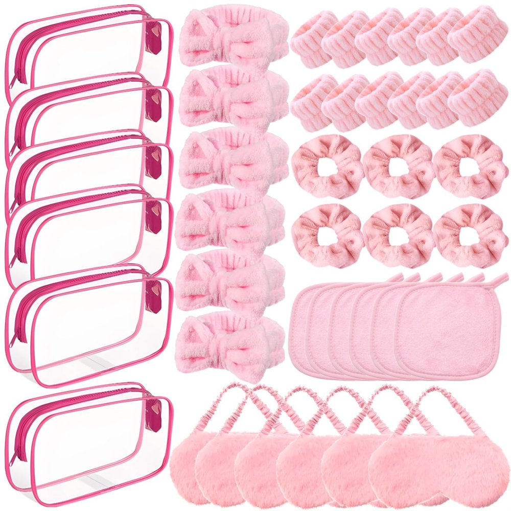 36-Piece Spa And Sleepover Party Set, Plush Hair Accessories, Eye Masks, Towels, And Transparent Makeup Bags