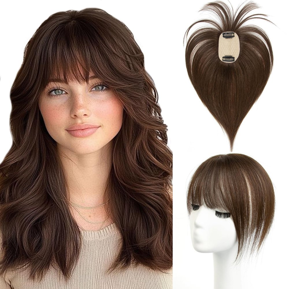 10Inch Hair Toppers for Women Real Human Hair 3603D Full Cover for Women with Thinning Hair Dark Brown# with Bangs(10#2)