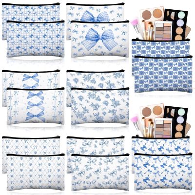16 Pcs Bow Makeup Bags Bulk for Women Blue Coquette Aesthetic Preppy Cosmetic Bags Bow Floral Canvas Toiletry Bags Aesthetic Travel Zipper Pouches for Bridesmaids Wedding Party Favors Supplies
