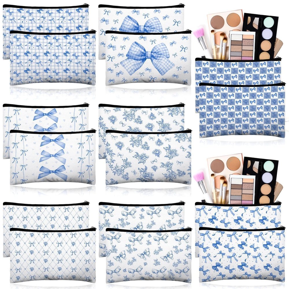 16 Pcs Bow Makeup Bags Bulk for Women Blue Coquette Aesthetic Preppy Cosmetic Bags Bow Floral Canvas Toiletry Bags Aesthetic Travel Zipper Pouches for Bridesmaids Wedding Party Favors Supplies