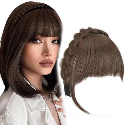 Heidouse Light Brown Fake Bangs with Sideburns, 5.9 Inch High Temperature Wire Braided Headband Wig with Inner Mesh and Anti-Slip Comb, Headband for Daily Wear, Hair Extensions
