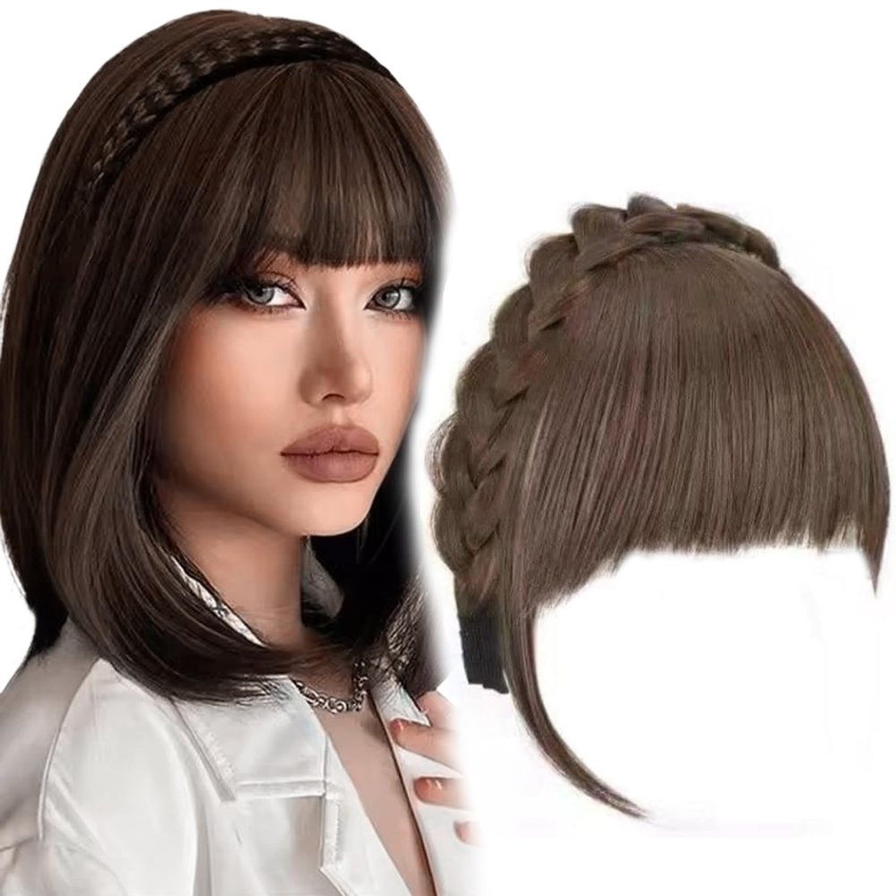 Heidouse Light Brown Fake Bangs with Sideburns, 5.9 Inch High Temperature Wire Braided Headband Wig with Inner Mesh and Anti-Slip Comb, Headband for Daily Wear, Hair Extensions