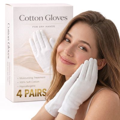 4 Pairs Cotton Gloves for Dry Hands Sleeping White Gloves Women Moisturizing Gloves Overnight, 100% Cotton Gloves Eczema, Spa Care for Dry Hands as Hand Mask