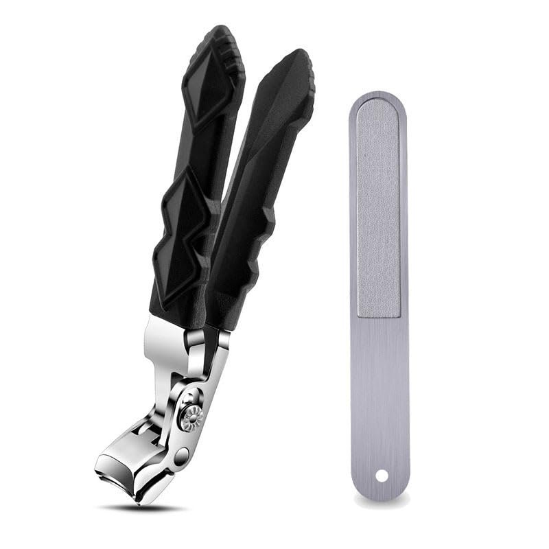 Angled Head Toenail Clippers for Seniors Wide Jaw Nail Clippers for Thick Nails, Ergonomic Long Handle Nail Cutter with Catcher, Heavy Duty Stainless Steel Clippers for Men & Women