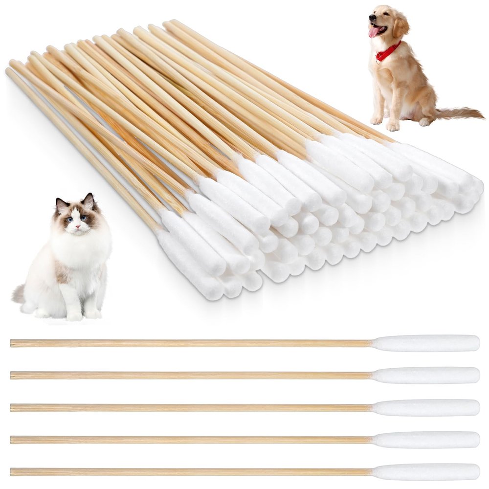 Ptwola 500PCS Long Large Cotton Swabs, 6 Inch Lint-Free Dog Ear Cleaning Q Tips Bamboo Handle Soft Gentle Swab for Medium Large Pet Care Wax Removal Wound Treatment Makeup