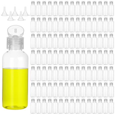 100 Pack 2 Oz Empty Travel Size Bottles Clear Plastic Travel Bottles with Flip Cap, Refillable Leak-Proof Liquid Containers for Toiletries, Lotions, Shampoo, Creams, Includes 5 Funnels