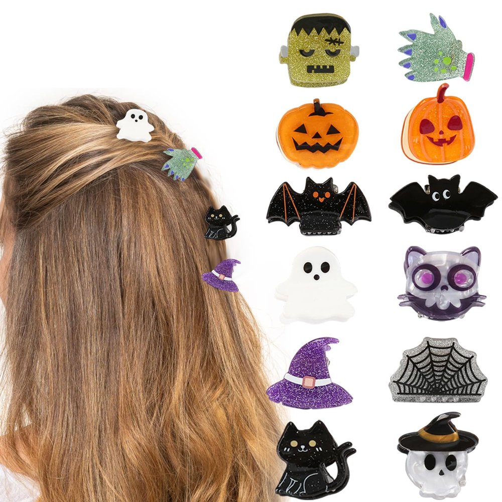 12 Pcs Halloween Hair Claw Clips,Cute PumpkinGhostBatSpiderweb and Hat Designs Halloween Hair Claws Strong Hold Jaw Clip Mini Hair Clips for Women Girls Hair Accessories