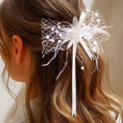 JAKAWIN White Hair Bow Butterfly Hair Clip Mesh Headpiece for Women