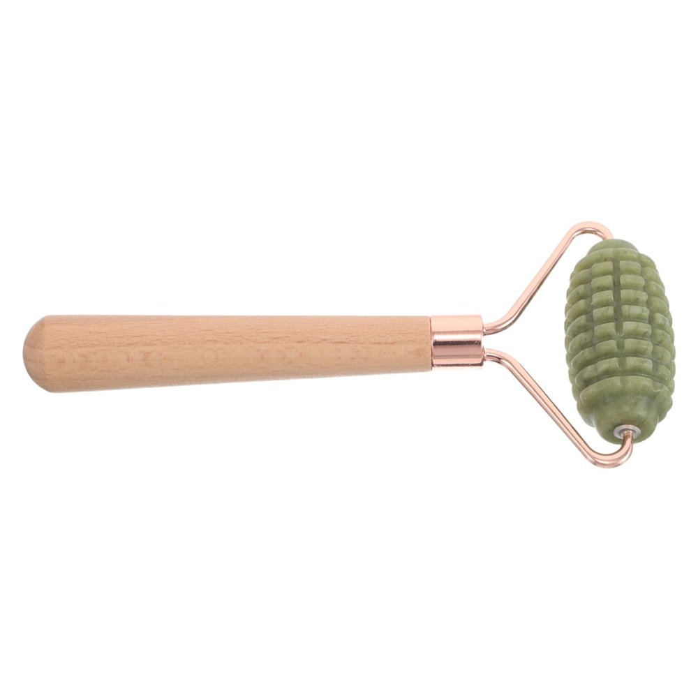 PACKOVE Jade Face Roller Massager with Wooden Handle Natural Skin Care Tool for Neck Face Eyes Promotes Relaxation Enhances Skin Texture Elasticity for Home Travel Use