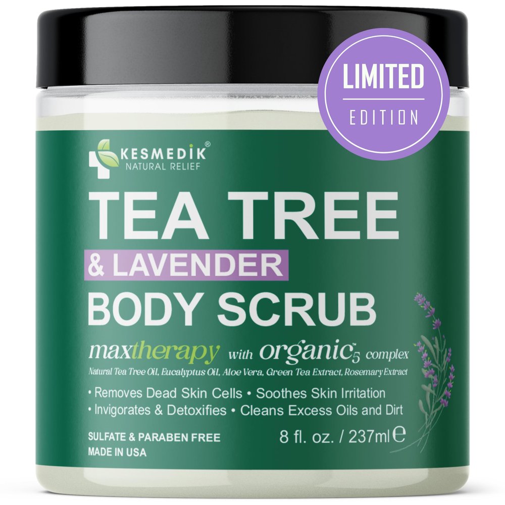 Kesmedik Pure Tea Tree Oil Body & Foot Scrub, Himalayan Salt Exfoliating Scrub with Stem Cells & Shea Butter, Antifungal Defense, Acne Support, Itchy Skin Relief, Removes Dead Skin & Rough Patches