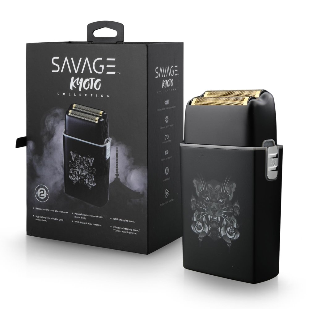 Savage Foil Shaver for Men, Professional Reciprocating Dual Blade Double Gold Foil Shaver, Hypoallergenic, 3.7V Rechargeable 90 Minute Runtime, Plug and Play, Metal Body with Panther Kyoto Design