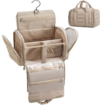 BAGSMART Puffy Travel Makeup Bag, Portable Hanging Toiletry Organizer with Removable Partition, Organizer for Travel-Sized Shampoo, Conditioner, Brushes Set, makeup Accessories, Camel