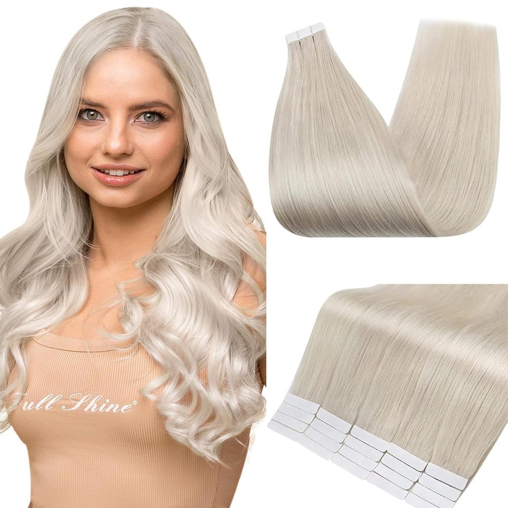 Full Shine Invisible Tape in Hair Extensions Color 1000 Blonde Seamless Real Human Hair Double Sided Tape in Extension Soft Glue in Brazilian Remy Skin Weft 40 Pcs 100 Grams