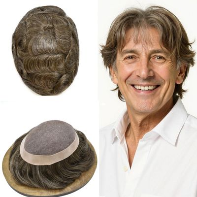 Toupee for Men Real Human Hair Pieces Durable Fine Monofilament Hair System for Men Hairpieces Replacement Unit Natural Hairline Mens Toupee8*10-120% Density#540#5 Medium Light Brown+40% Grey