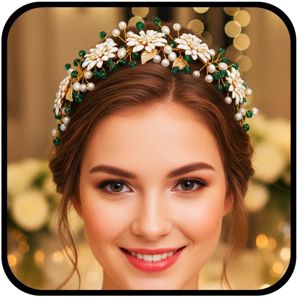 Urieo Bridal Wedding Headband Flower Green Hairband Crystal Bridesmaid Guest Hair Accessories for Women